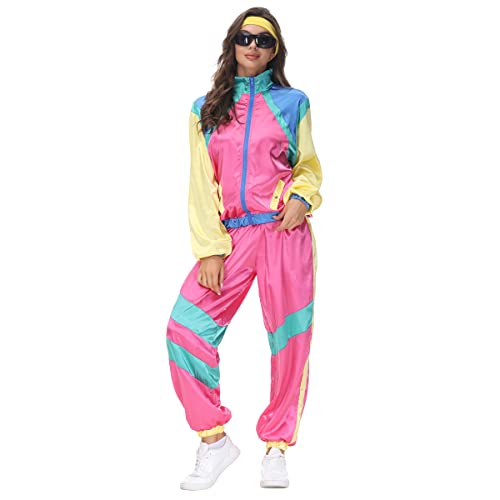 FYMNSI Damen 80er 90er Jahre Outfit Kostüm Trainingsanzug Jogginganzug Retro AnzugTrainingsjacke Hose mit Stirnband für Mottoparty Fasching Karneval Halloween Cosplay Assianzug Bad Taste Rose XL von FYMNSI