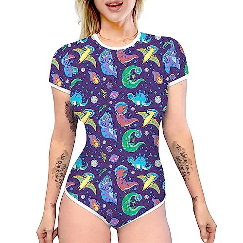 FYMNSI Damen ABDL Body Nette Einteiler Bodysuit Baumwolle Kurzarm T-Shirt Unterhemd Druckknöpfe im Schritt Karikatur Gedruckt Jumpsuit Playsuit Unterwäsche Nachthemd Pyjamas Nachtwäsche Dinosaurier S von FYMNSI