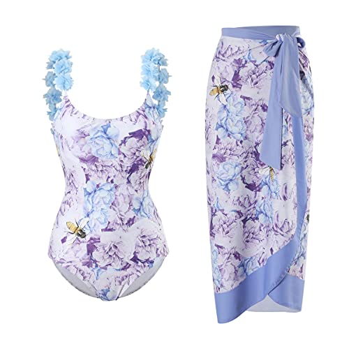 FYMNSI Damen Badeanzug Bauchweg Monokini Elegant Blumen Gedruckt Badeanzugkleid Badekleid Schwimmrock Retro Schwimmkleid Baderock Tankini Sport Schwimmanzug Bademode Swimsuit Sportbadeanzüge Blau L von FYMNSI