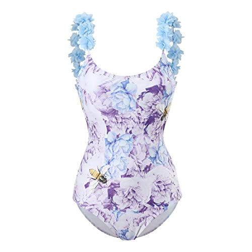 FYMNSI Damen Badeanzug Einteilige Monokini Raffung Bauchweg V-Ausschnitt Rückenfrei Schwimmanzug Bademode Blumen Gedruckt Figurformende Badeanzüge Sexy Push Up Sport Swimsuit Strandmode Sommer Blau L von FYMNSI