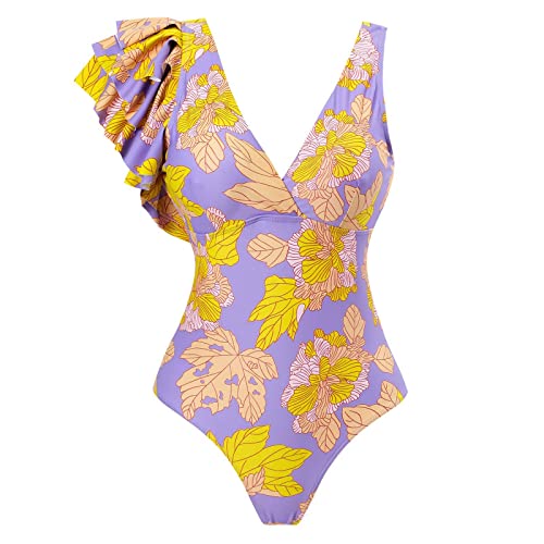 FYMNSI Damen Badeanzug Einteilige Monokini Raffung Bauchweg V-Ausschnitt Rückenfrei Schwimmanzug Bademode Blumen Gedruckt Figurformende Badeanzüge Sexy Push Up Sport Swimsuit Strandmode Sommer Lila S von FYMNSI