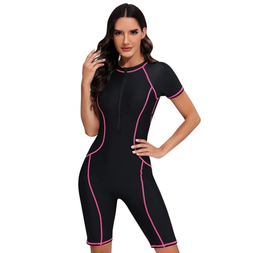 FYMNSI Damen Badeanzug mit Bein Rei?verschluss Vorne Surfanzug Einteiler Kurzarm Rashguard UPF 50+ Bademode Surfen Schwimmanzug Bauchweg Sportlich Sonnenschutz Push Up Badebekleidung Swimsuit Rose M von FYMNSI