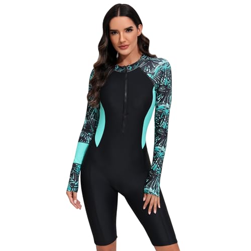 FYMNSI Damen Badeanzug mit Bein Rei?verschluss Vorne Surfanzug Einteiler Langarm Rashguard UPF 50+ Bademode Surfen Schwimmanzug Bauchweg Sportlich Sonnenschutz Push Up Badebekleidung Swimsuit Gr?n M von FYMNSI