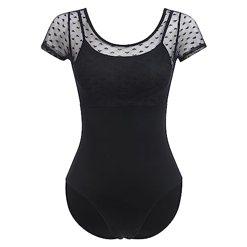 FYMNSI Damen Ballettanzug Ballettbody Sport Yoga Tanz Body Gymnastikanzug Trikot Kurzarm Bodysuit Mesh Einteiler Turnanzug Leotards Overall Oberteile Tops Elegant Ballett Bekleidung Schwarz M von FYMNSI