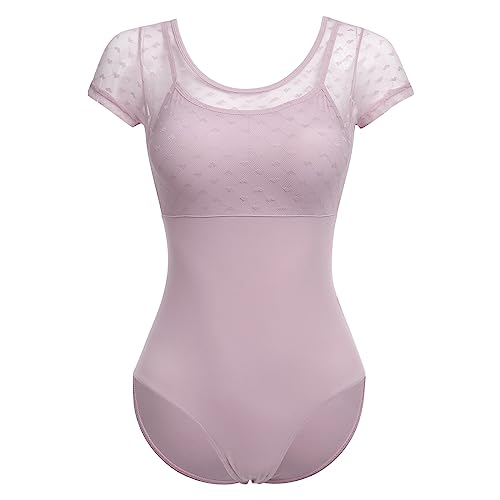 FYMNSI Damen Ballettanzug Ballettbody Sport Yoga Tanz Body Gymnastikanzug Trikot Kurzarm Bodysuit Mesh Einteiler Turnanzug Leotards Overall Oberteile Tops Elegant Ballett Bekleidung Violett L von FYMNSI