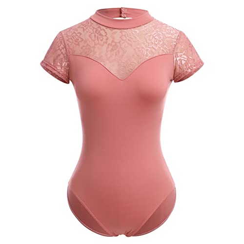 FYMNSI Damen Ballettanzug Ballettbody Sport Yoga Tanz Body Gymnastikanzug Trikot Kurzarm Bodysuit R?ckenfrei Spitze Einteiler Turnanzug Leotards Overall Tops Elegant Ballett Bekleidung Koralle L von FYMNSI