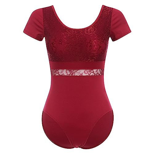 FYMNSI Damen Ballettanzug Ballettbody Sport Yoga Tanz Body Gymnastikanzug Trikot Kurzarm Bodysuit Spitze Einteiler Turnanzug Leotards Overall Oberteile Tops Elegant Ballett Bekleidung Dunkelrot M von FYMNSI