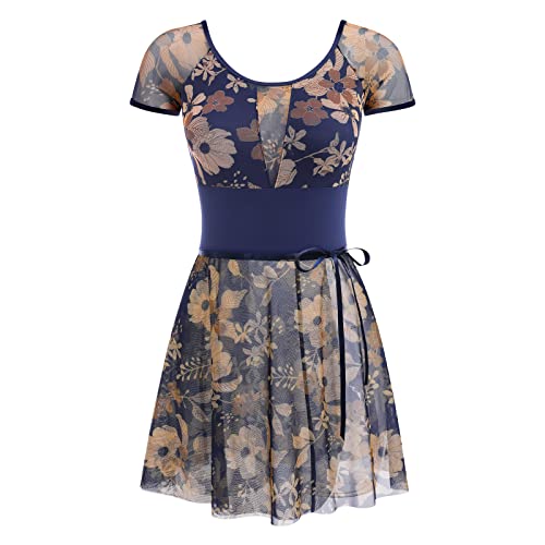 FYMNSI Damen Ballettanzug Ballettbody Tanz Body mit Ballettrock Wickelrock Gymnastikanzug Trikot Kurzarm Bodysuit Blumenmuster Mesh Turnanzug Gepolstert R?ckenfrei Leotard Ballettkleid Dunkelblau M von FYMNSI
