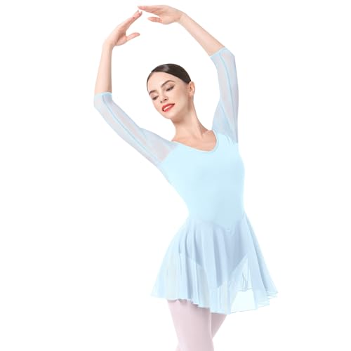 FYMNSI Damen Ballettkleid Ballettanzug Ballettbody 3/4 Arm Chiffon Tanzkleid Eiskunstlauf Kleid Erwachsene Ballettkleidung Rückenfrei Tanz Body Gymnastikanzug Trikot Turnanzug mit Rock Blau L von FYMNSI