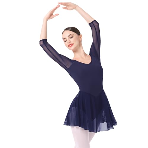 FYMNSI Damen Ballettkleid Ballettanzug Ballettbody 3/4 Arm Chiffon Tanzkleid Eiskunstlauf Kleid Erwachsene Ballettkleidung Rückenfrei Tanz Body Gymnastikanzug Trikot Turnanzug mit Rock Dunkelblau XL von FYMNSI