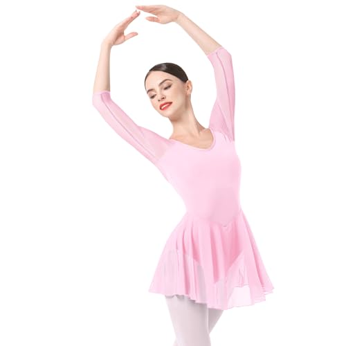 FYMNSI Damen Ballettkleid Ballettanzug Ballettbody 3/4 Arm Chiffon Tanzkleid Eiskunstlauf Kleid Erwachsene Ballettkleidung Rückenfrei Tanz Body Gymnastikanzug Trikot Turnanzug mit Rock Rosa M von FYMNSI