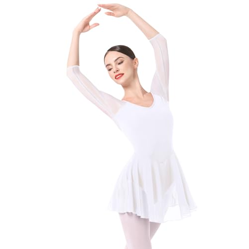 FYMNSI Damen Ballettkleid Ballettanzug Ballettbody 3/4 Arm Chiffon Tanzkleid Eiskunstlauf Kleid Erwachsene Ballettkleidung Rückenfrei Tanz Body Gymnastikanzug Trikot Turnanzug mit Rock Weiß S von FYMNSI
