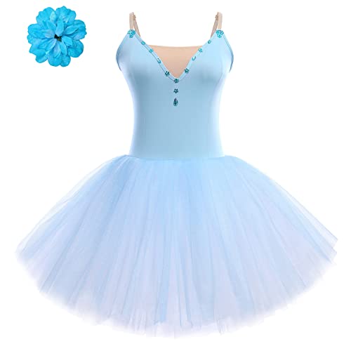 FYMNSI Damen Ballettkleid Schwan Ballett Kostüm Tüllkleid Tütü Tanzkleid Ärmellos Trägerkleid mit Blumen Haarklammer Erwachsene Ballettkleidung Professionelles Balletttrikot Ballettanzug Hellblau S von FYMNSI