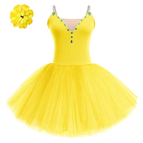 FYMNSI Damen Ballettkleid Schwan Ballett Kostüm Tüllkleid Tütü Tanzkleid Ärmellos Trägerkleid mit Blumen Haarklammer Erwachsene Ballettkleidung Professionelles Balletttrikot Ballettanzug Gelb XL von FYMNSI