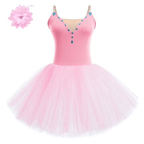 FYMNSI Damen Ballettkleid Schwan Ballett Kostüm Tüllkleid Tütü Tanzkleid Ärmellos Trägerkleid mit Blumen Haarklammer Erwachsene Ballettkleidung Professionelles Balletttrikot Ballettanzug Rosa L von FYMNSI