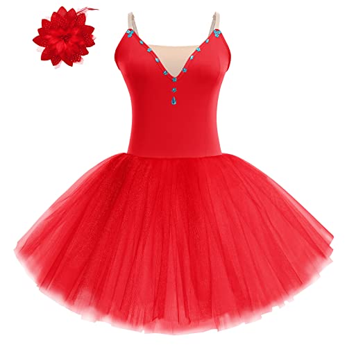 FYMNSI Damen Ballettkleid Schwan Ballett Kostüm Tüllkleid Tütü Tanzkleid Ärmellos Trägerkleid mit Blumen Haarklammer Erwachsene Ballettkleidung Professionelles Balletttrikot Ballettanzug Rot L von FYMNSI