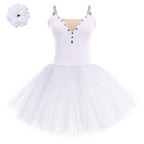 FYMNSI Damen Ballettkleid Schwan Ballett Kostüm Tüllkleid Tütü Tanzkleid Ärmellos Trägerkleid mit Blumen Haarklammer Erwachsene Ballettkleidung Professionelles Balletttrikot Ballettanzug Weiß M von FYMNSI