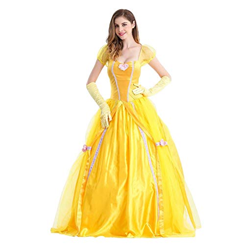 FYMNSI Damen Belle Kostüm Kleid Erwachsene Die Schöne und das Biest Fasching Karneval Cosplay Prinzessin Langes Abendkleid Halloween Costume Weihnacten Partykleid Märchen Verkleiden + Handschuhen S von FYMNSI