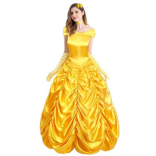 FYMNSI Damen Belle Kostüm Kleid Erwachsene Die Schöne und das Biest Fasching Karneval Cosplay Prinzessin Langes Abendkleid Halloween Costume Weihnacten Partykleid Märchen Verkleiden 5tlg M von FYMNSI