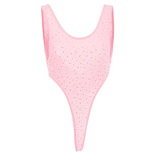 FYMNSI Damen Body Transparent Ärmellos Stringbody Strass Unterhemd Sexy Negligee Einteiler Bodysuit Reizwäsche Nachtwäsche Teddy Babydoll Dessous Rückenfrei Monokini Tanga Rosa Einheitsgröße von FYMNSI