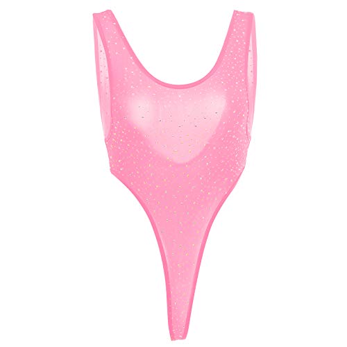 FYMNSI Damen Body Transparent Ärmellos Stringbody Strass Unterhemd Sexy Negligee Einteiler Bodysuit Reizwäsche Nachtwäsche Teddy Babydoll Dessous Rückenfrei Monokini Tanga Rose Einheitsgröße von FYMNSI