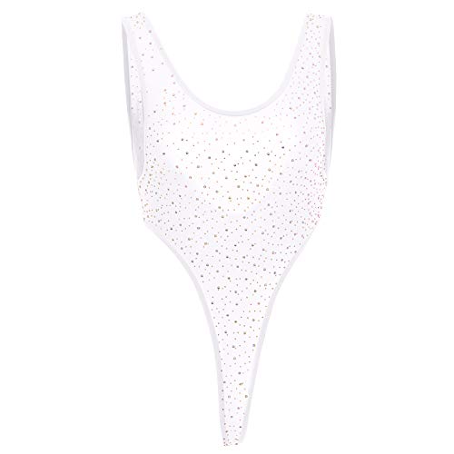 FYMNSI Damen Body Transparent Ärmellos Stringbody Strass Unterhemd Sexy Negligee Einteiler Bodysuit Reizwäsche Nachtwäsche Teddy Babydoll Dessous Rückenfrei Monokini Tanga Weiß Einheitsgröße von FYMNSI