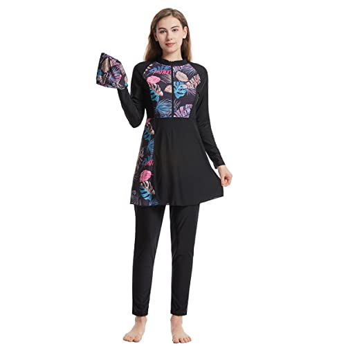 FYMNSI Damen Burkini Muslimische Badebekleidung Ganzkörper Bescheidener Badeanzug Modest Muslim Swimwear Langarm Schwimmoberteile Schwimmhose Hut 3tlg Set Surfanzug Strand Schwimmanzug Schwarz S von FYMNSI