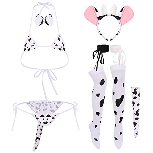 FYMNSI Damen Dessous Set Sexy Milchkuh Kuh Rollenspiel Kostüm Anime Kawaii Mini Bikini BH String Tanga Stirnband Strumpf Set Erotische Unterwäsche Motoparty Clubwear Nachtwäsche Reizwäsche Stil A von FYMNSI