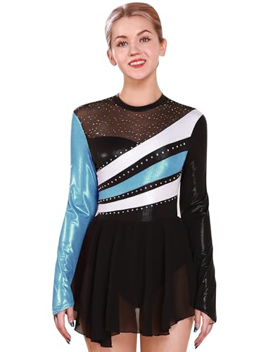 FYMNSI Damen Eiskunstlauf Kleid, Glitzer Metallic Langarm Ballettkleid mit Kristallen Ballettkleidung Gymnastik Leotard Turnanzug Tanzkost�m Tanzkleider Gymnastikanzug Blau L von FYMNSI