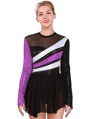 FYMNSI Damen Eiskunstlauf Kleid, Glitzer Metallic Langarm Ballettkleid mit Kristallen Ballettkleidung Gymnastik Leotard Turnanzug Tanzkost�m Tanzkleider Gymnastikanzug Lila M von FYMNSI