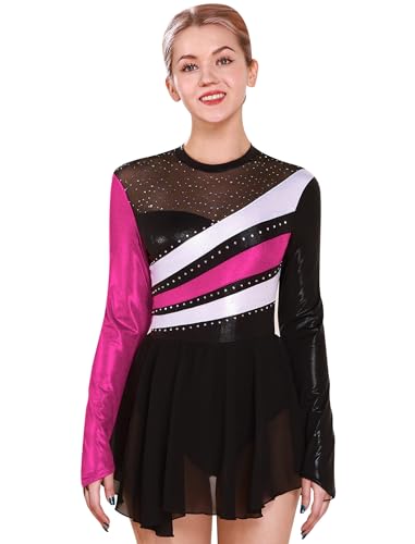 FYMNSI Damen Eiskunstlauf Kleid, Glitzer Metallic Langarm Ballettkleid mit Kristallen Ballettkleidung Gymnastik Leotard Turnanzug Tanzkost�m Tanzkleider Gymnastikanzug Rose S von FYMNSI