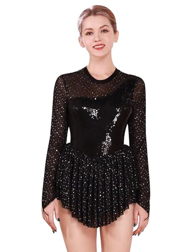 FYMNSI Damen Eiskunstlauf Kleid Glitzer Pailletten Langarm Ballettkleid Ballettkleidung Gymnastik Leotard Turnanzug Tanzkost�m Eiskunstlaufkleid Eislaufen Skating Kleider Gymnastikanzug Schwarz XL von FYMNSI