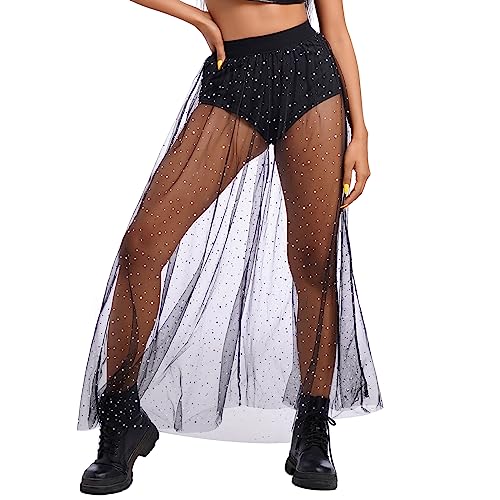 FYMNSI Damen Festival Glitzer Rock Rave Outfit 2 in 1 Transparent Mesh Rock Mit Hose Drunter High Waist T?llrock Lang Maxirock Hosenrock Strandrock Musikfestivals Party Streetwear Clubwear Schwarz XL von FYMNSI