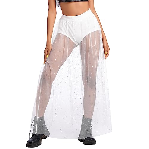 FYMNSI Damen Festival Glitzer Rock Rave Outfit 2 in 1 Transparent Mesh Rock Mit Hose Drunter High Waist T?llrock Lang Maxirock Hosenrock Strandrock Musikfestivals Party Streetwear Clubwear Wei? S von FYMNSI