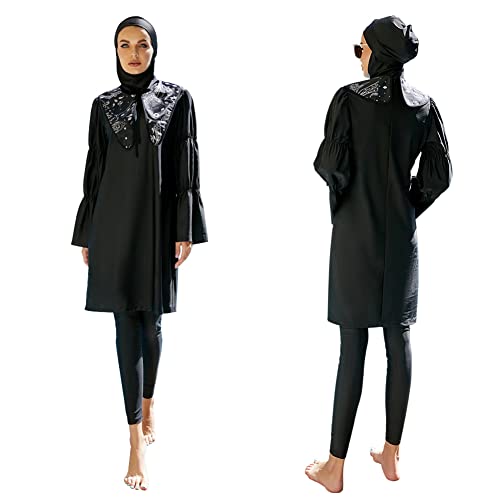 FYMNSI Damen Ganzkörper Badeanzüge Muslimische Bademode Badeanzug Full Cover Bescheidene Badebekleidung Modest Muslim Swimwear Beachwear Burkini Langarm Tops Hose Hijab Kopftuch 3er Set 1# Schwarz XL von FYMNSI