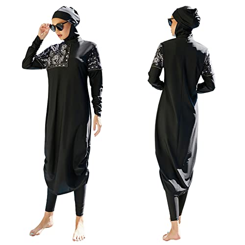 FYMNSI Damen Ganzkörper Badeanzüge Muslimische Bademode Badeanzug Full Cover Bescheidene Badebekleidung Modest Muslim Swimwear Beachwear Burkini Langarm Tops Hose Hijab Kopftuch 3er Set 2# Schwarz XL von FYMNSI