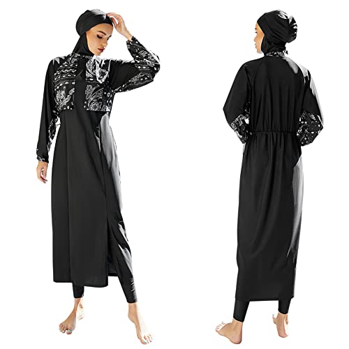 FYMNSI Damen Ganzkörper Badeanzüge Muslimische Bademode Badeanzug Full Cover Bescheidene Badebekleidung Modest Muslim Swimwear Beachwear Burkini Langarm Tops Hose Hijab Kopftuch 3er Set 3# Schwarz XL von FYMNSI