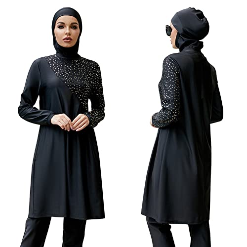 FYMNSI Damen Ganzkörper Badeanzüge Muslimische Bademode Badeanzug Full Cover Bescheidene Badebekleidung Modest Muslim Swimwear Beachwear Burkini Langarm Tops Hose Hijab Kopftuch 3er Set 6# Schwarz XL von FYMNSI