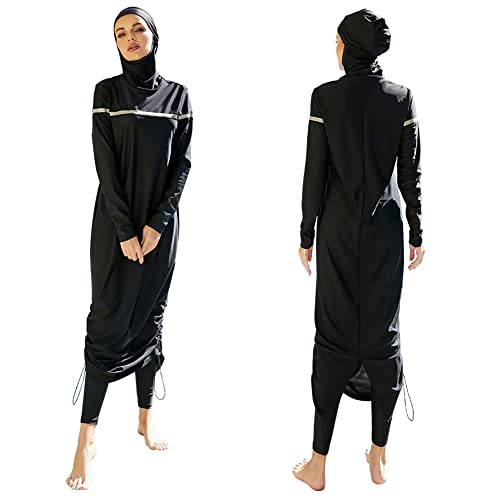 FYMNSI Damen Ganzkörper Badeanzüge Muslimische Bademode Badeanzug Full Cover Bescheidene Badebekleidung Modest Muslim Swimwear Beachwear Burkini Langarm Tops Hose Hijab Kopftuch 3er Set 7# Schwarz XL von FYMNSI