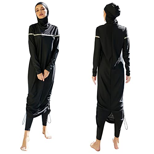 FYMNSI Damen Ganzkörper Badeanzüge Muslimische Bademode Badeanzug Full Cover Bescheidene Badebekleidung Modest Muslim Swimwear Beachwear Burkini Langarm Tops Hose Hijab Kopftuch 3er Set 7# Schwarz L von FYMNSI