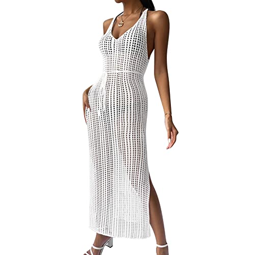 FYMNSI Damen Gestrickte Strandkleid Sommer Strandponcho Strandurlaub Badeanzug Bikini Cover Ups Häkeln Badeanzüge Seitenschlitz V-Ausschnitt Rückenfrei Strand Bademode Kleid Pareos Transparent Weiß L von FYMNSI