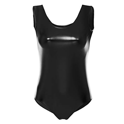 FYMNSI Damen Gl?nzende Ballettanzug Ballettbody Sport Tanz Body Gymnastikanzug Trikot ?rmellos Bodysuit Metallic Wetlook Einteiler Turnanzug Leotards Overall Lack Leder Oberteile Kost?me Schwarz XL von FYMNSI