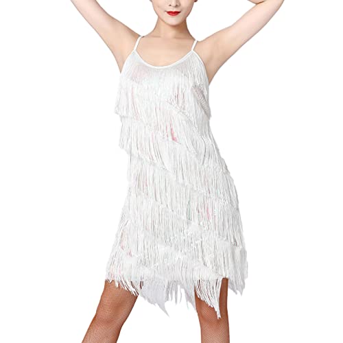 FYMNSI Damen Gl�nzende Pailletten Kleider Mit Quaste V-Ausschnitt Latein Tanzkleid Fransenkleid Partykleid Samba Tango Latin Salsa ChaCha Kleid 1920er Jahre Flapper Kost�me Wettbewerb Wei� M von FYMNSI