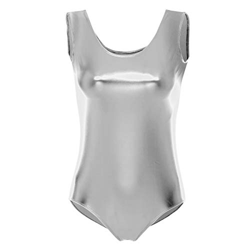 FYMNSI Damen Gl?nzende Ballettanzug Ballettbody Sport Tanz Body Gymnastikanzug Trikot ?rmellos Bodysuit Metallic Wetlook Einteiler Turnanzug Leotard Overall Lack Leder Oberteile Top Kost?me Silber S von FYMNSI