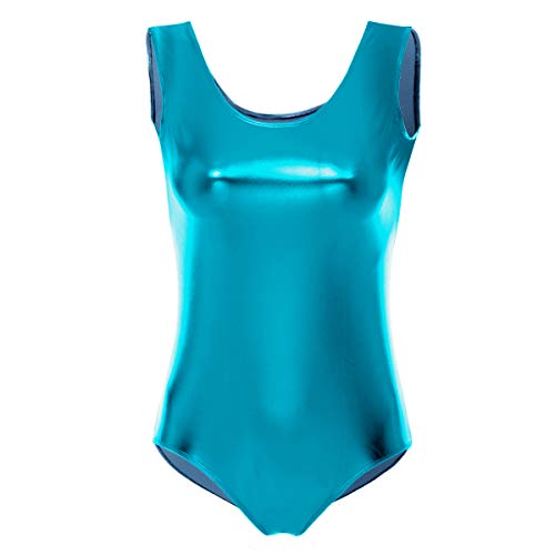 FYMNSI Damen Gl?nzende Ballettanzug Ballettbody Sport Tanz Body Gymnastikanzug Trikot ?rmellos Bodysuit Metallic Wetlook Einteiler Turnanzug Leotards Overall Lack Leder Oberteile Tops Kost?me Blau 3XL von FYMNSI