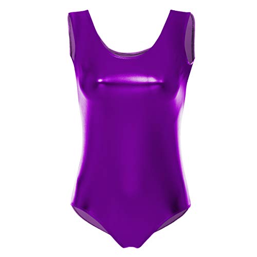 FYMNSI Damen Gl?nzende Ballettanzug Ballettbody Sport Tanz Body Gymnastikanzug Trikot ?rmellos Bodysuit Metallic Wetlook Einteiler Turnanzug Leotards Overall Lack Leder Oberteile Tops Kost?me Lila XS von FYMNSI