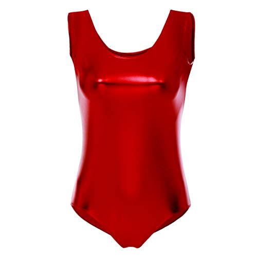 FYMNSI Damen Gl?nzende Ballettanzug Ballettbody Sport Tanz Body Gymnastikanzug Trikot ?rmellos Bodysuit Metallic Wetlook Einteiler Turnanzug Leotards Overall Lack Leder Oberteile Tops Kost?me Rot XL von FYMNSI