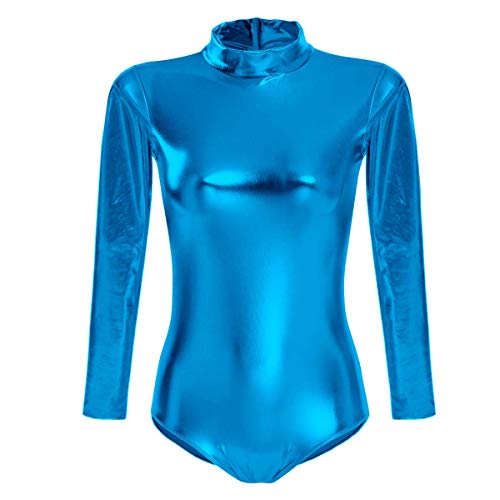 FYMNSI Damen Glänzende Ballettanzug Ballettbody Sport Tanz Body Gymnastikanzug Trikot Langarm Bodysuit Metallic Wetlook Einteiler Turnanzug Leotards Overall Lack Leder Oberteile Top Kostüm Blau XS von FYMNSI