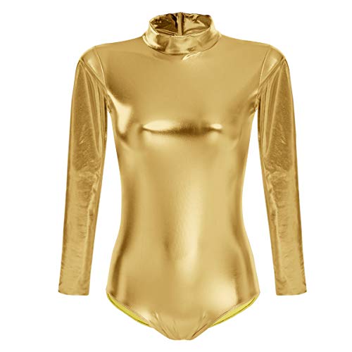 FYMNSI Damen Glänzende Ballettanzug Ballettbody Sport Tanz Body Gymnastikanzug Trikot Langarm Bodysuit Metallic Wetlook Einteiler Turnanzug Leotards Overall Lack Leder Oberteile Top Kostüm Gold XS von FYMNSI