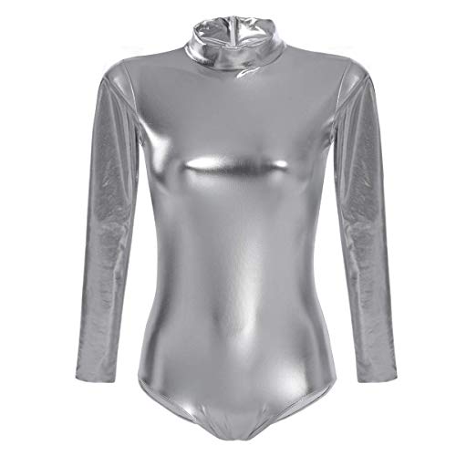 FYMNSI Damen Glänzende Ballettanzug Ballettbody Sport Tanz Body Gymnastikanzug Trikot Langarm Bodysuit Metallic Wetlook Einteiler Turnanzug Leotards Overall Lack Leder Oberteile Top Kostüm Grau 3XL von FYMNSI